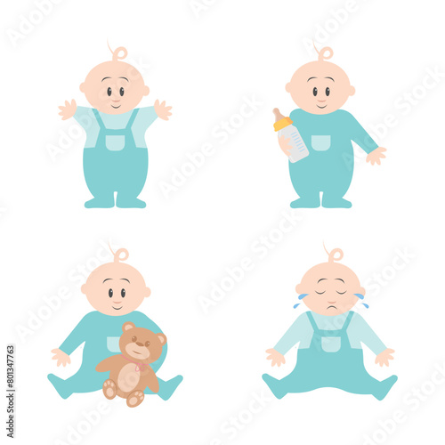 Obraz na płótnie Cute baby or toddler boy in various poses for example standing, crying, sitting, crawling, crying and playing isolated on white background. vector illustration w salonie