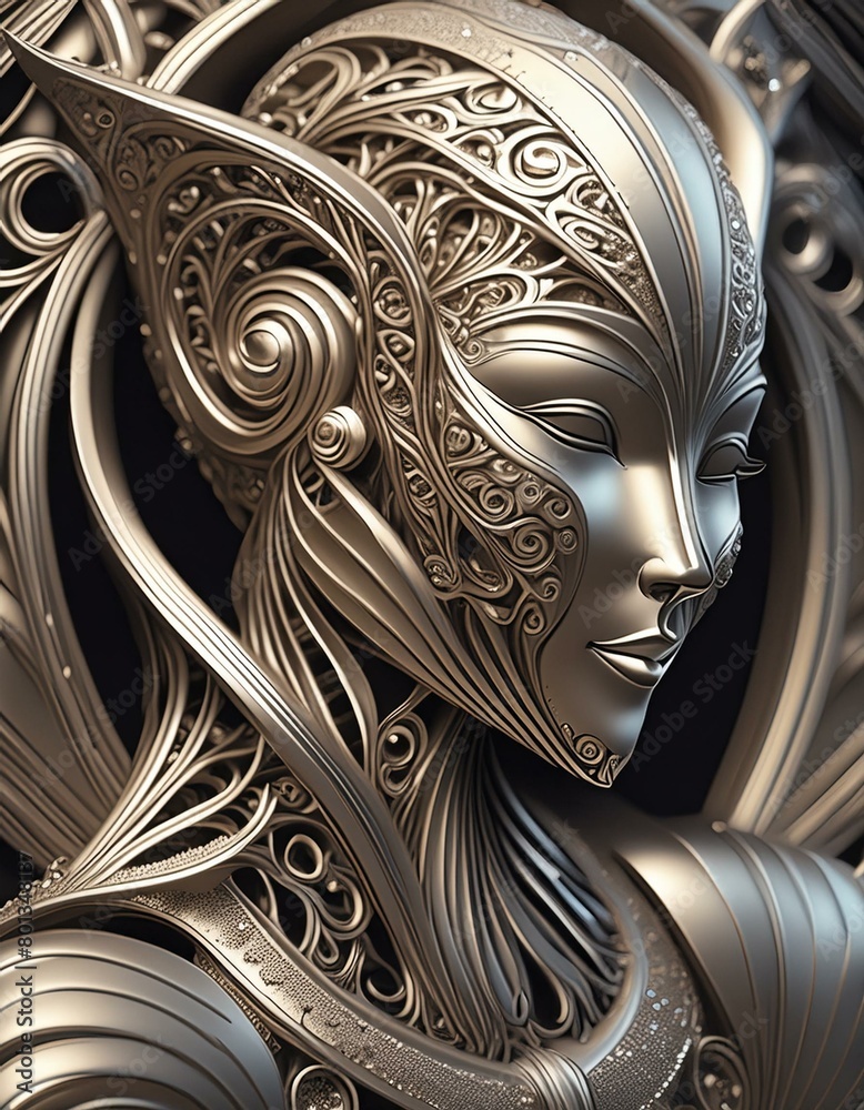 An elegant futuristic female villain humanoid robot head in high details sculpted iron coating An elegant futuristic female villain humanoid robot head in high details sculpted iron coating