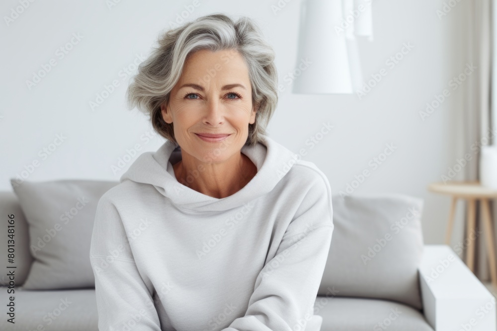 Portrait of a satisfied woman in her 60s dressed in a comfy fleece pullover isolated in modern minimalist interior Portrait of a satisfied woman in her 60s dressed in a comfy fleece pullover isolated in modern minimalist interior