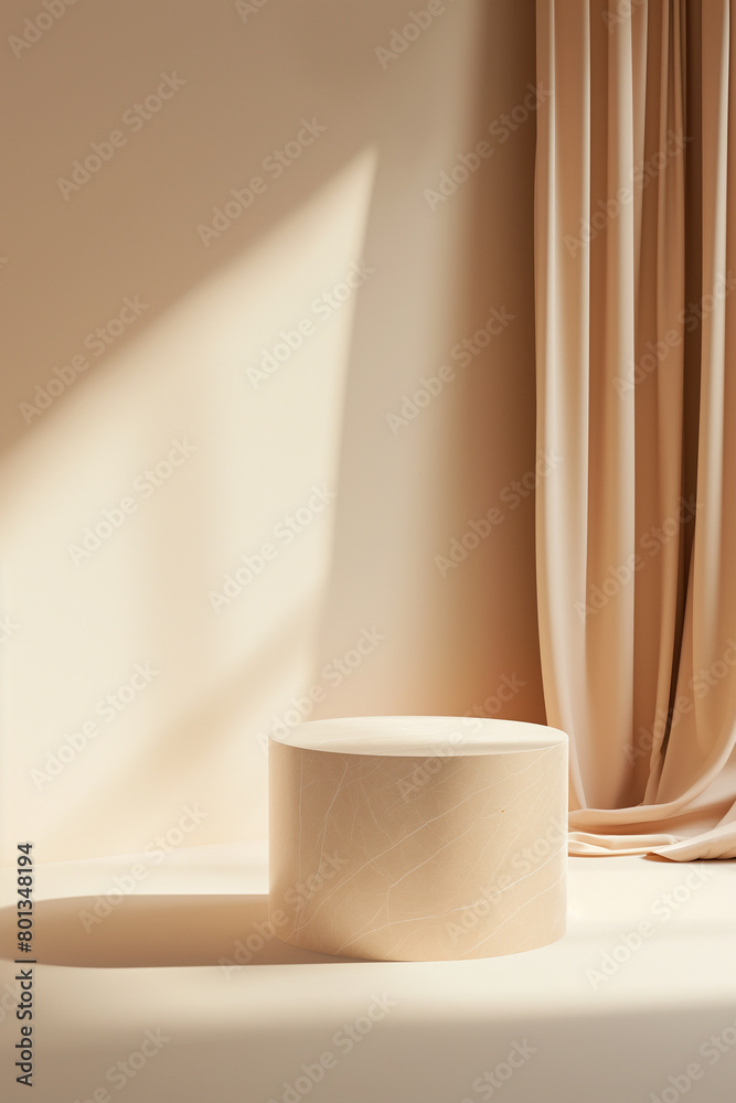 Round stone podium for display product. Beige background for cosmetic product branding, identity and packaging. Product placement mockup design background. Round stone podium for display product. Beige background for cosmetic product branding, identity and packaging. Product placement mockup design background.