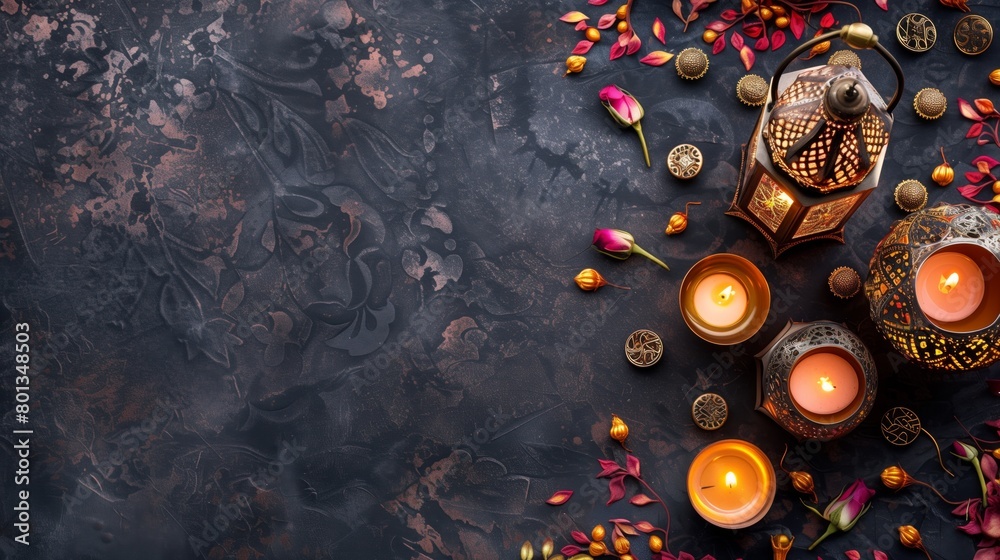 Elegant Ramandan-themed top view with lighted lanterns, candles, and scattered flower petals on a textured background. Elegant Ramandan-themed top view with lighted lanterns, candles, and scattered flower petals on a textured background.