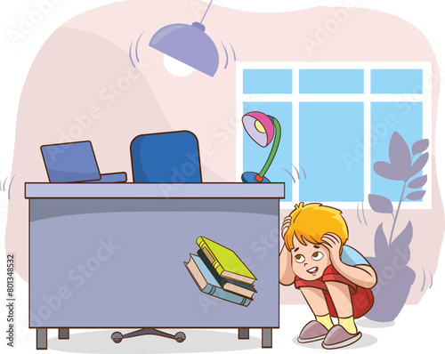 Vector illustration of a child crouching down and protecting his head with his arms while an earthquake occurs
