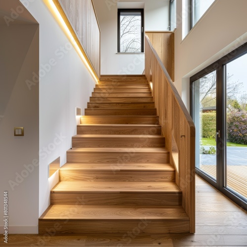 Contemporary interior design featuring a stylish ash wood staircase in a newly constructed home