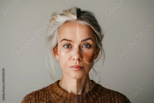 Emotional aging well-being reflected in facial halves, depicting aging reductions and psychological spots in mature hairstyles. photo