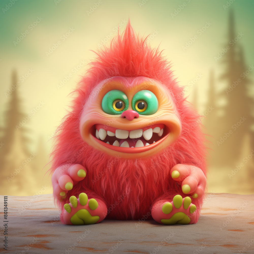 An adorable 3D cartoon model of a small monster with fluffy fur, a red nose, and small teeth is smiling with a friendly and innocent face.