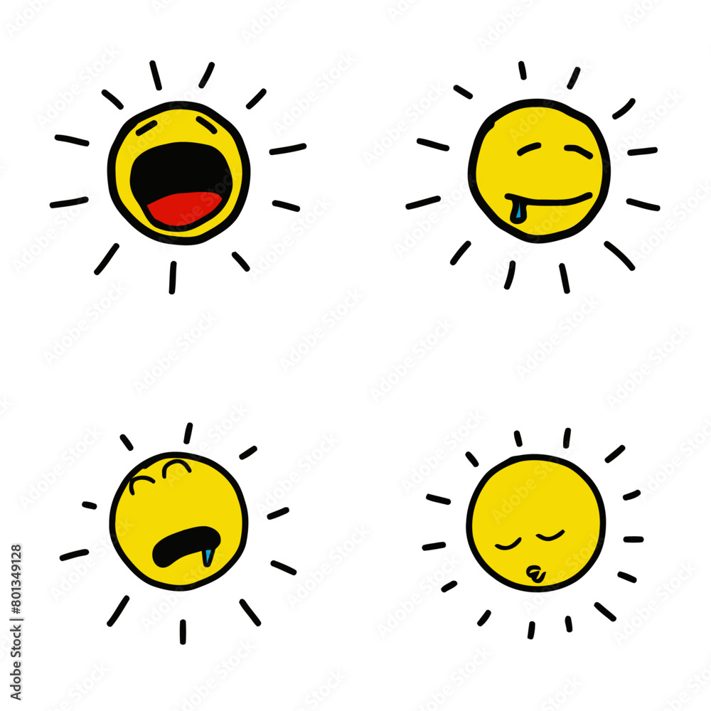 Cartoon happy sun with yawning, sleepy, drooling, overslept, tired and resting expression. Vector for kids, children, drawing book, cheerful, yellow emoji or emoticon illustration.
