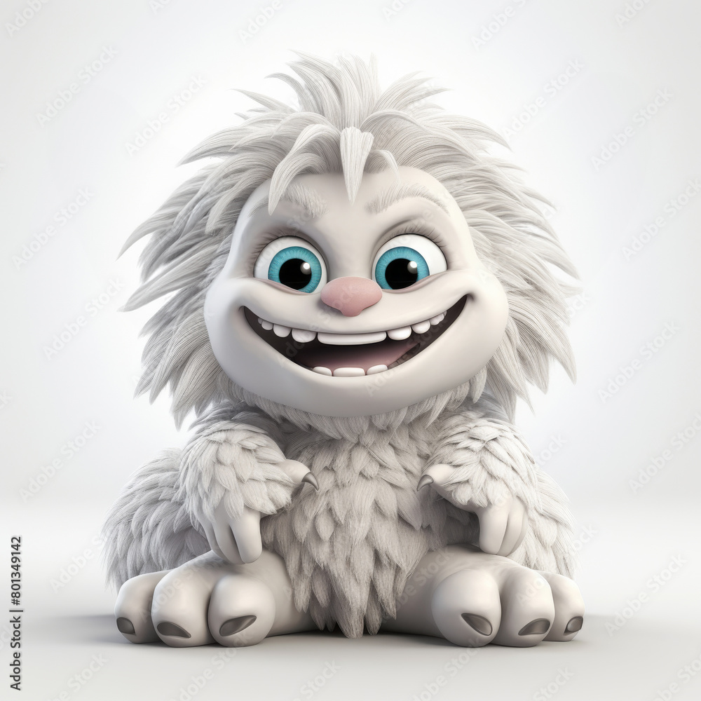 Obraz premium An adorable 3D cartoon model of a small monster with fluffy fur, a red nose, and small teeth is smiling with a friendly and innocent face.