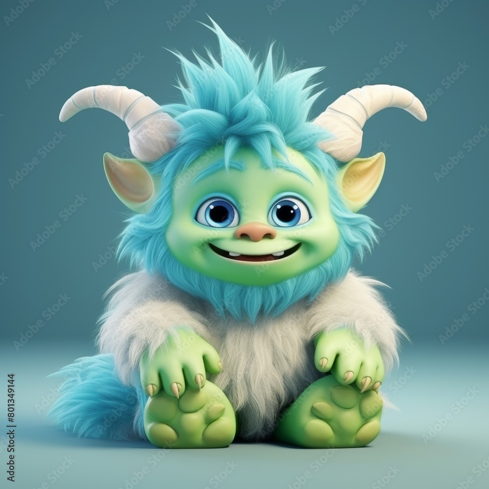 Fototapeta premium An adorable 3D cartoon model of a small monster with fluffy fur, a red nose, and small teeth is smiling with a friendly and innocent face.