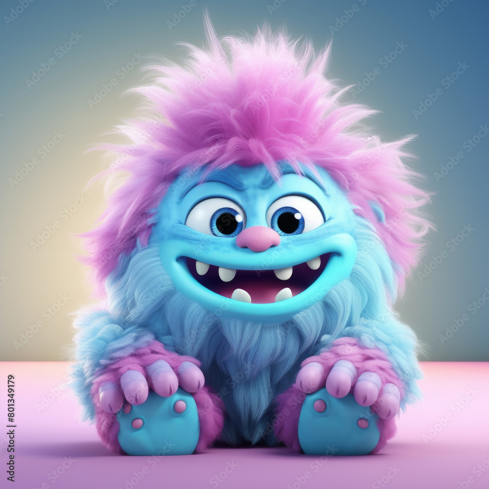 An adorable 3D cartoon model of a small monster with fluffy fur, a red nose, and small teeth is smiling with a friendly and innocent face. An adorable 3D cartoon model of a small monster with fluffy fur, a red nose, and small teeth is smiling with a friendly and innocent face.