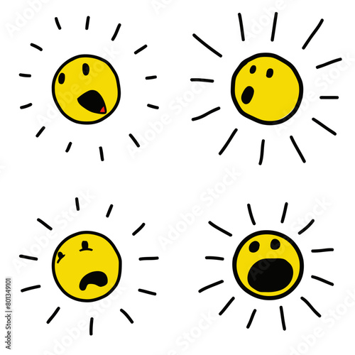 Cartoon happy sun with shouting, surprised, amazed, awe, scared, shocked and afraid expression. Vector for kids, children, drawing book, cheerful, yellow emoji or emoticon illustration.
