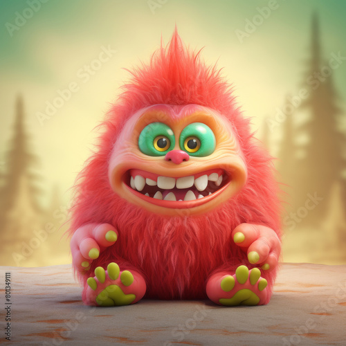 An adorable 3D cartoon model of a small monster with fluffy fur  a red nose  and small teeth is smiling with a friendly and innocent face.