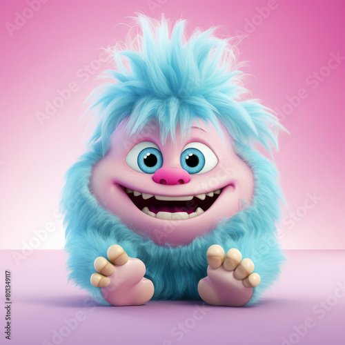 An adorable 3D cartoon model of a small monster with fluffy fur, a red nose, and small teeth is smiling with a friendly and innocent face.