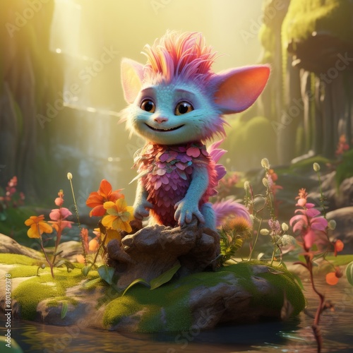 An adorable 3D cartoon model of a small monster with fluffy fur, a red nose, and small teeth is smiling with a friendly and innocent face.