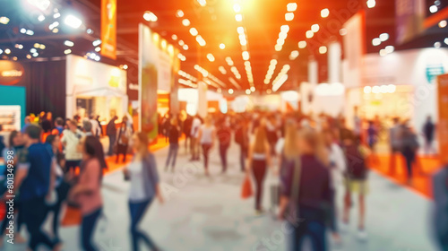 In this corporate event image, an expo hall buzzes with activity as attendees engage in networking and collaboration against a blurred background, offering ample copy space for your message.