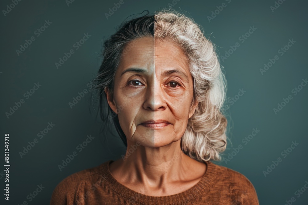 Contrast in proactive aging depicted through skin care integration, showcasing resilience in generational adaptation within life stages. Contrast in proactive aging depicted through skin care integration, showcasing resilience in generational adaptation within life stages.
