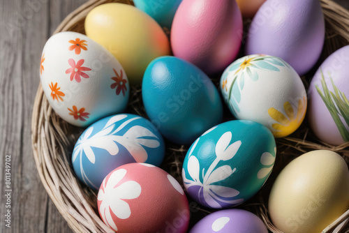 Beautiful multicolor Easter eggs on gray textured background