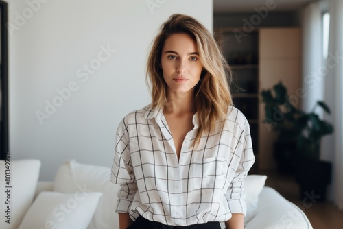 Portrait of a glad woman in her 20s dressed in a relaxed flannel shirt while standing against modern minimalist interior