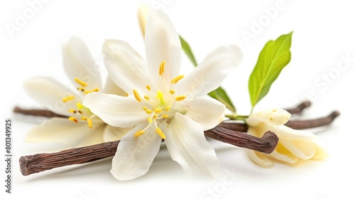 Fresh white flowers with yellow stamens closely arranged with dark vanilla pods and green leaves on a white background.