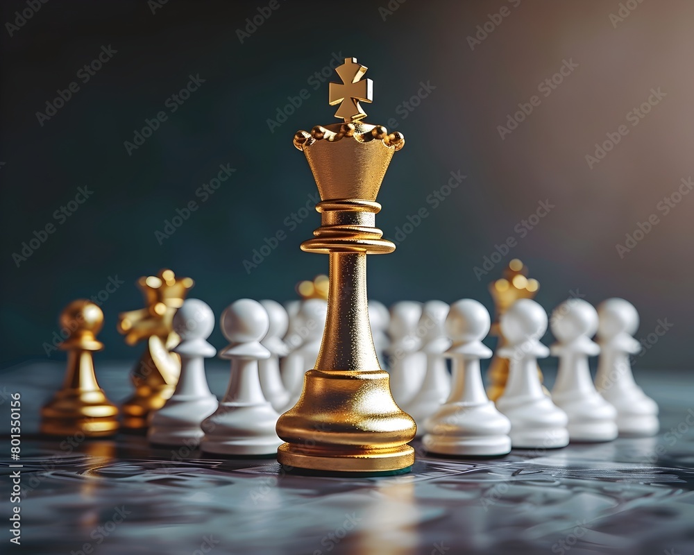 Stylized Digital of Golden King Leading White Pawns on Chess Board