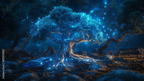 Enchanted glowing tree set in twilight with radiant blue light particles resembling stars, Concept of magic, fantasy, and nature's enchantment photo