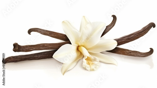 Elegant composition of a vanilla flower and pods on a white background with reflection.