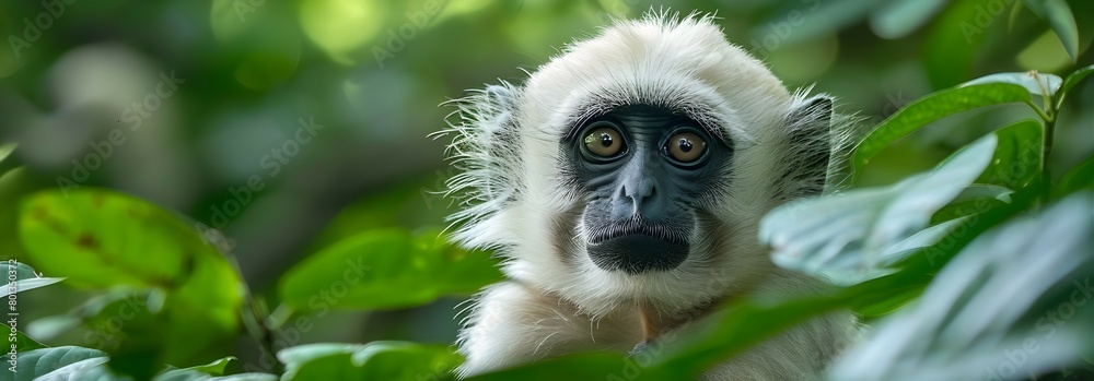 Fototapeta premium White Monkey Sitting Regally Amid Lush Green Foliage with Atmospheric Copy Space