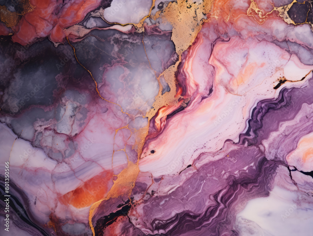 Fototapeta premium Abstract purple, pink and gold liquid glowing acryl marble background for wallpaper, wedding invitation. Backdrop concept for your graphic design, banner, poster, web design. Colorful illustration