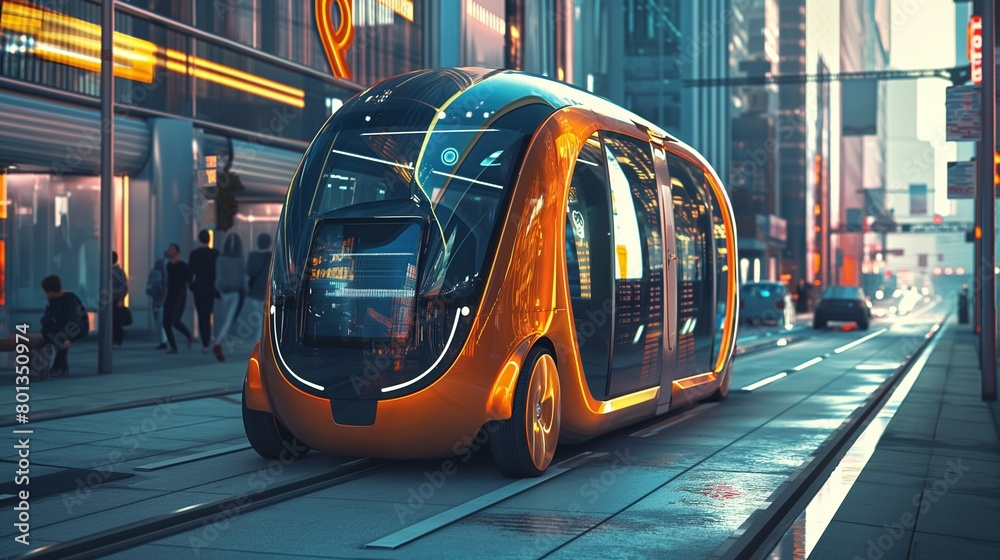 Driverless shuttle transporting commuters in a modern urban setting.