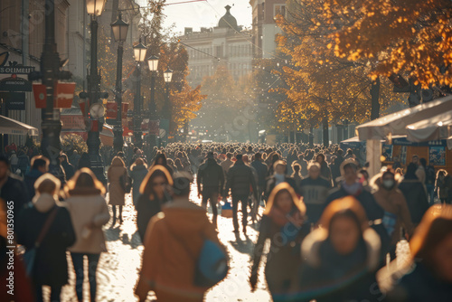 A crowd of unrecognizable blurred people walking along a city street. AI generative