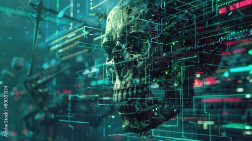 Skull with robotic machine that combines organic and technology AI generated image