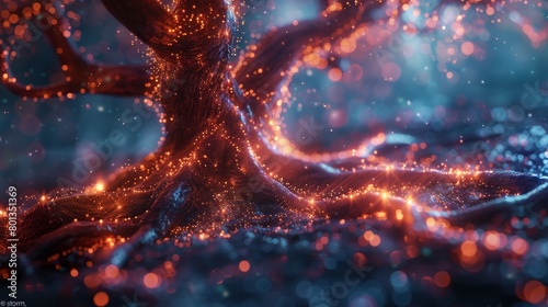 Captivating scene of a digital tree with glowing embers and floating sparks, Concept of vitality, energy flow, and surreal artistry photo
