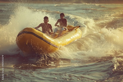 A fun of family and adventurous moment on a banana boat. photo