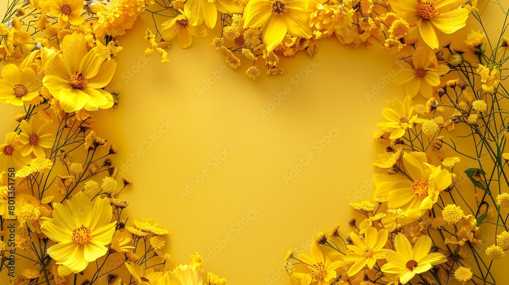 Vibrant yellow floral frame with diverse flowers on a yellow background with central copy space. Vibrant yellow floral frame with diverse flowers on a yellow background with central copy space.