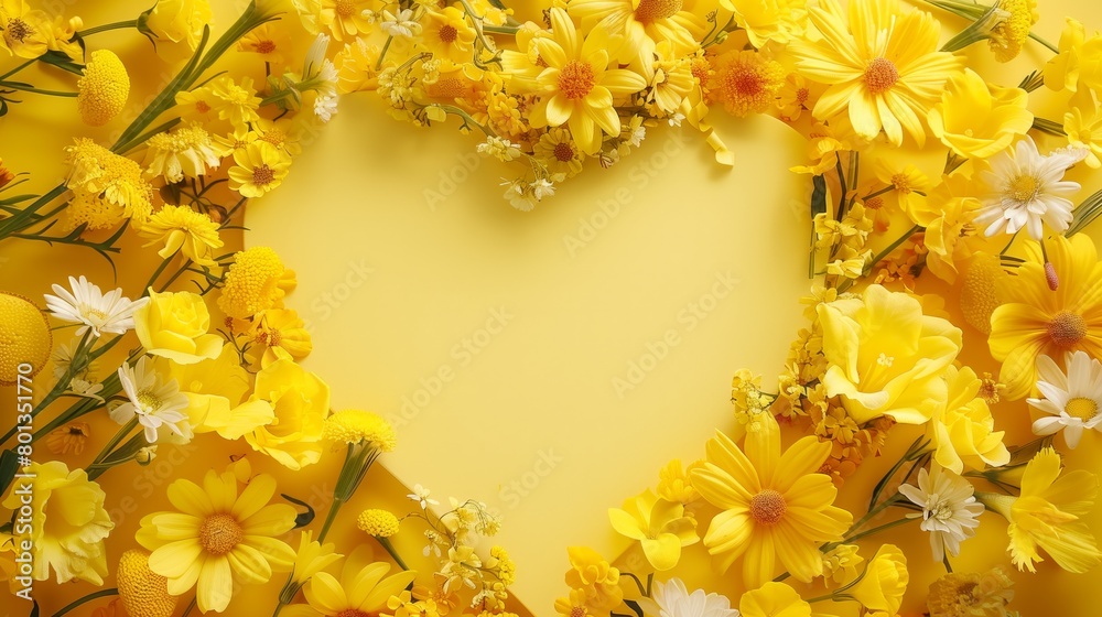 An array of vibrant yellow flowers arranged artistically on a yellow background with ample copy space. An array of vibrant yellow flowers arranged artistically on a yellow background with ample copy space.