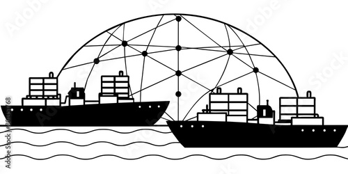 They depict two cargo ships in a simplified black and white style sailing on stylised waves. Behind them is a section of a large globe with connecting dots indicating international traffic.AI generate