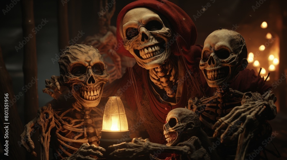 The image shows a group of skeletons in a dark room