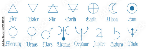 Set of minimalistic symbols of astrology planets, elements and astronomy. Outline icons isolated on white background. Simple alchemical icons, pictograms, planet symbols. Mystical planetary signs