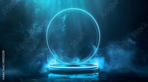 Blue hologram portal. Magic fantasy portal. Magic circle teleport podium with hologram effect. Abstract high tech futuristic technology design. Round shape. Circle Sci-fi element light and lights.