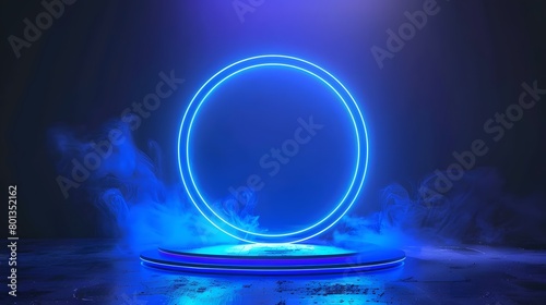 Blue hologram portal. Magic fantasy portal. Magic circle teleport podium with hologram effect. Abstract high tech futuristic technology design. Round shape. Circle Sci-fi element light and lights.