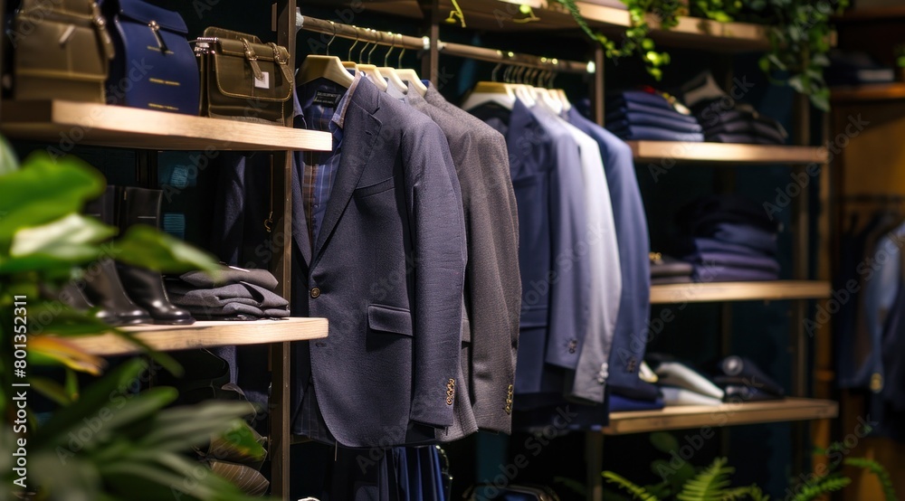 Un intérieur d'une boutique pour homme moderne avec des étagères en bois présentant des costumes, vestes et chemises. Un intérieur d'une boutique pour homme moderne avec des étagères en bois présentant des costumes, vestes et chemises.