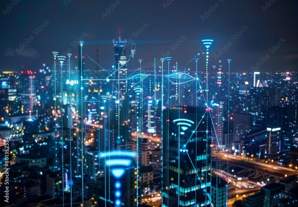 Smart city utilizes 5G, LPWA for wireless communication, enhancing connectivity and efficiency.
