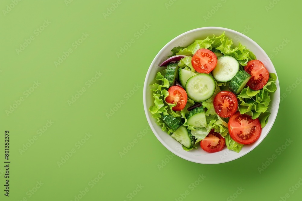 Assiette de salade colorée avec des tomates, des concombres et de la laitue sur un fond vert, vue de dessus, image avec espace pour texte. Assiette de salade colorée avec des tomates, des concombres et de la laitue sur un fond vert, vue de dessus, image avec espace pour texte.