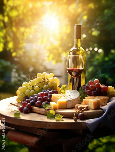 Glass of red wine glass, bottle, grapes and cheese, sunshine background. Atmospheric Italy vineyard on sunset wineyard background. Composition for poster, wine and cheese shop, web design, brochure 