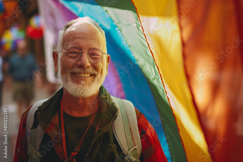 happy senior gay man with rainbow flag during Gay Pride event, Pride day june month love LGBTQ concept, symbolizing love and unity photo