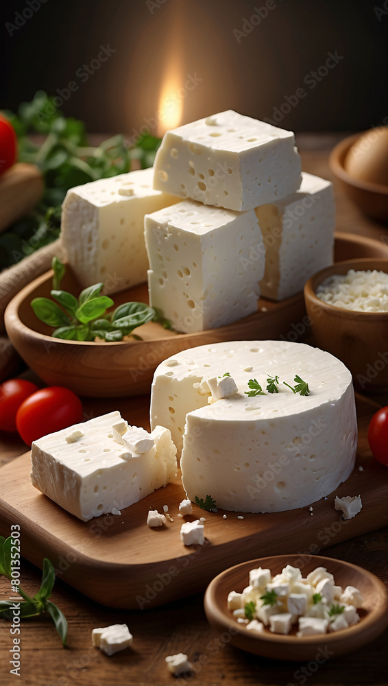 Realistic Feta Cheese on Cozy Kitchen Background in 8K Resolution Realistic Feta Cheese on Cozy Kitchen Background in 8K Resolution