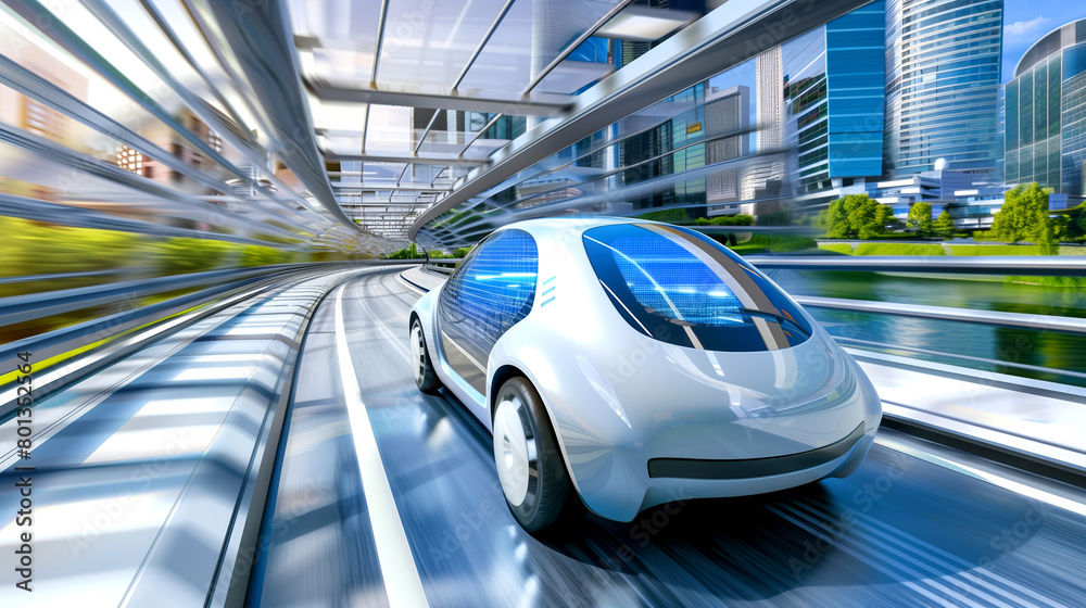 A futuristic car is speeding down a track in a city