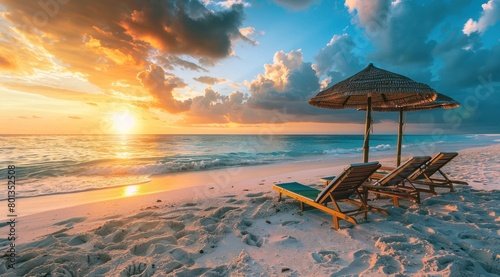 Une plage de sable doré, des chaises longues et des parasols sur le rivage d'une île exotique au coucher du soleil. photo