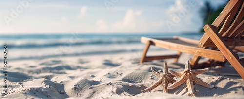 Une chaise longue en bois sur une plage de sable avec des étoiles de mer, illustrant un concept de vacances d'été à la mer, image avec espace pour texte. photo