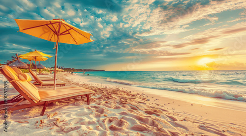 Une plage de sable doré, des chaises longues et des parasols sur le rivage d'une île exotique au coucher du soleil, image avec espace pour texte.