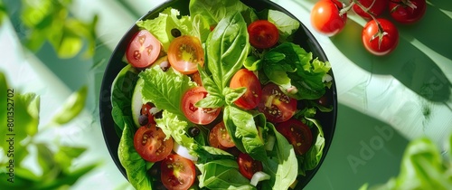 Assiette de salade avec tomates, vue de dessus.  photo